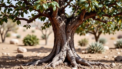 "A bottle tree with swollen trunk, transparent background, arid climate style"
