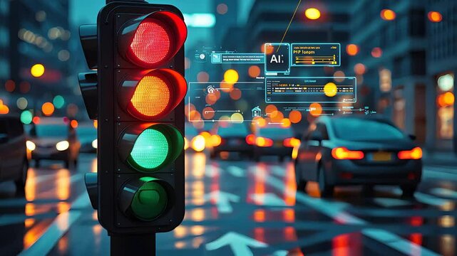 Smart traffic light in the city with artificial intelligence interface, futuristic digital display, cars on wet road.

