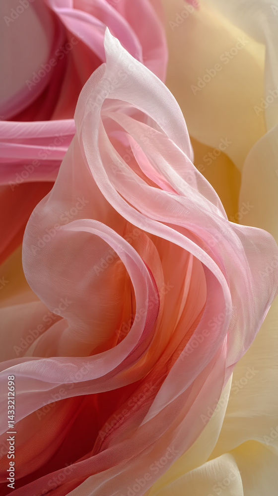 Poster soft pink and peach fabric texture, flowing in elegant curves, showcasing a smooth, gentle appearanc