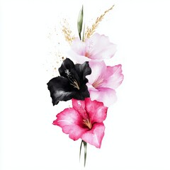 An elegant illustration of gladiolus flowers in black, white, and pink with golden leaves, set in a minimalist style. Perfect for floral designs, decor, or branding with a modern aesthetic.