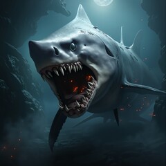 A dramatic depiction of a great white shark with its jaws wide open, illuminated by beams of light in the deep ocean. Perfect for marine-themed artwork, educational content, or thriller visuals.