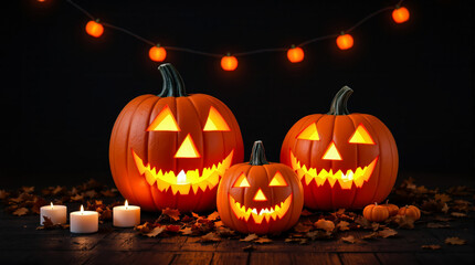 Fototapeta premium three glowing jack-o'-lanterns create a festive halloween scene