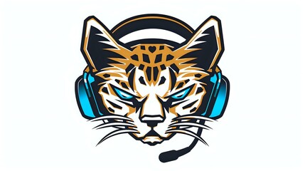 Fototapeta premium Stylized cat head wearing gaming headset with microphone, mascot design in orange, black and blue colors on white isolated background for esports team logo.