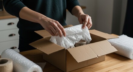 Focuses on hands carefully wrapping a small handmade product (e.g., ceramic mug, knitted item) in tissue paper before placing it into a cardboard shipping box. Packing materials like bubble wrap nearb