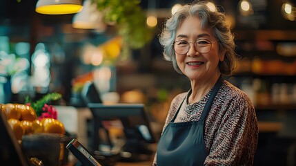 Obraz premium Senior Asian woman with gray hair and glasses wearing apron smiling warmly while working at cafe counter with POS terminal, restaurant interior with soft bokeh lights in background.