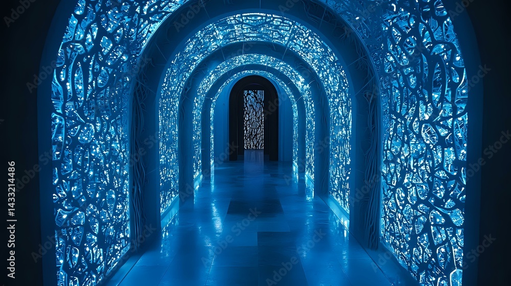 Poster mystical blue-lit corridor with illuminated arched passageway featuring intricate floral patterns on