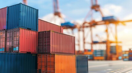 Fototapeta premium Stacked shipping containers at busy port with cranes, global logistics and supply chain concept, international trade and cargo transportation industry,tariffs concept