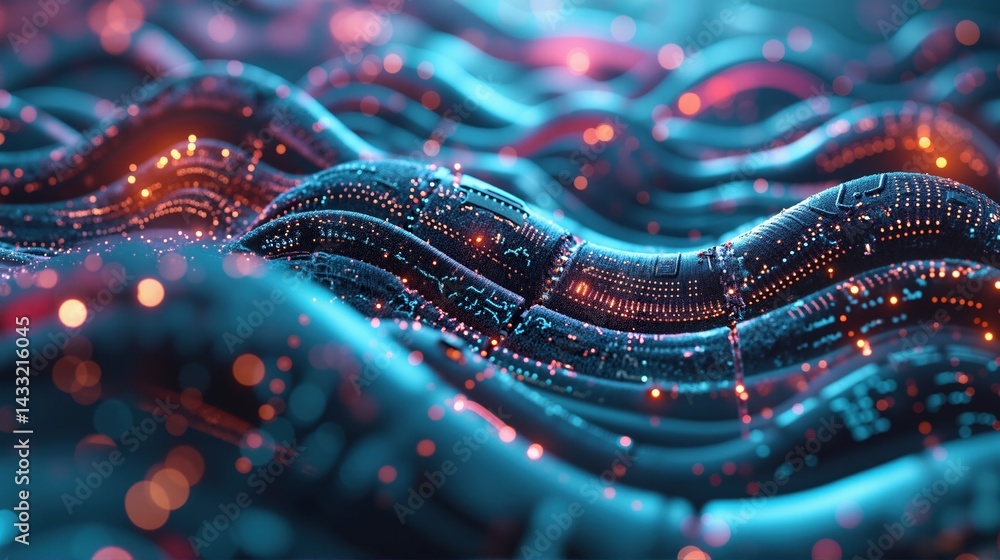 Poster abstract 3d surface with glowing circuits and wave-like shapes. futuristic digital background. ideal