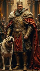 Caucasian male king in armor with loyal dog in medieval setting surrounded by courtiers