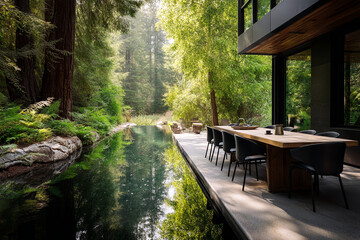 Long wooden table with black chairs by a tranquil pool, reflecting lush forest scenery Shows serenity, modern design, nature integration, ideal for luxury real estate or wellness concepts