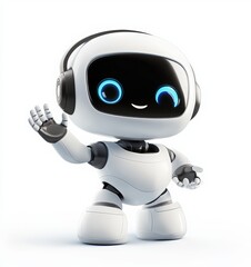 white robot waving and smiling, robot with blue eyes and headphones on white background, minimalistic friendly technology character icon