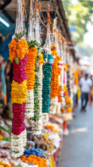 Fototapeta premium Vibrant tricolor floral garlands hanging in indian market for festive celebration