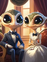 Anthropomorphic lizard couple dressed in elegant wedding attire, sitting in a vintage room. Whimsical fantasy portrait with formal clothing and large expressive eyes.