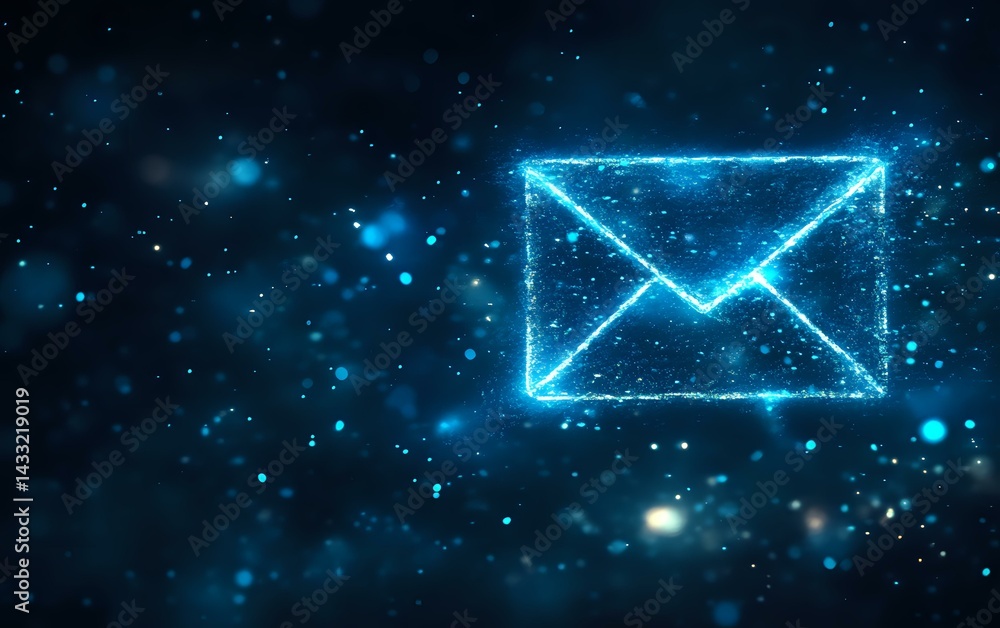 Poster glowing blue neon envelope icon floating in dark space with sparkles and bokeh effects, representing