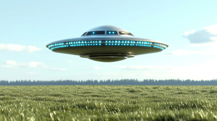 Fototapeta premium UFO flying over grassy field under clear sky, concept of aliens and technology