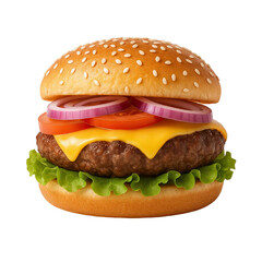Tasty cheeseburger with lettuce tomato and onion on a white background
