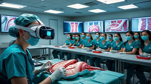 A medical training session using virtual reality (VR) technology where healthcare professionals learn by simulating a procedure on a human model.

