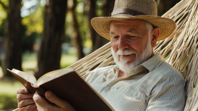 Senior man, relaxing in hammock, reads book, embracing peace, savoring moment, finding joy in leisurely activity.