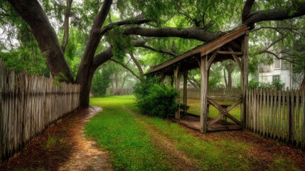 Misty, rustic pathway bordered by old trees and weathered fencing