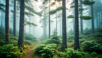 Fototapeta premium Lush evergreen forest with tall pine trees shrouded in a calming morning mist, showcasing nature's tranquility and pristine beauty. Ideal for themes of nature, relaxation, and untouched wilderness.