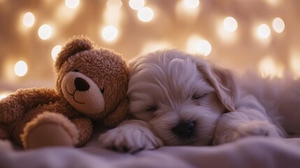 Fototapeta premium Puppy, snuggling teddy bear, peacefully sleeps amid bokeh lights, radiating comfort, serenity, and gentle cuteness.