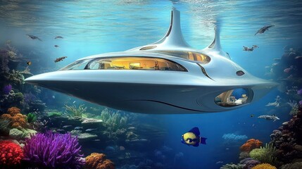 Obraz premium Underwater futuristic home, coral reef, ocean