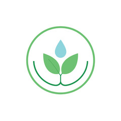 Eco friendly logo design featuring two green leaves and a water drop in a circle