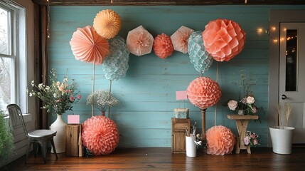 Peach and Teal Paper Flower Decorations Against Rustic Teal Wall