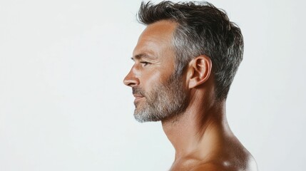 Obraz premium Middle-aged man gazes ahead, displaying mature confidence, self-assured strength, minimalist background, bright lighting.