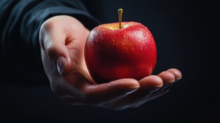 Caucasian hand presents fresh red apple glistening with water droplets against dark backdrop, temptation concept.