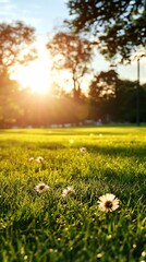 Sunset over blossoming daisies park nature photography serene environment low angle beauty of nature