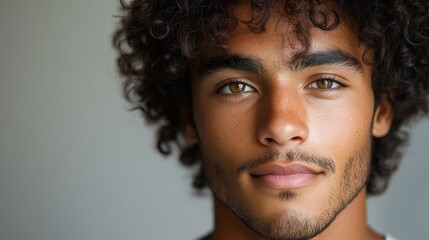 Naklejka premium Young man looks, captivating with brown eyes, curly hair, radiating confidence in light skin.