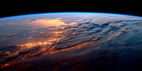 Earth viewed from space, showcasing a sunrise illuminating city lights and cloud formations, representing global interconnectedness and the beauty of our planet