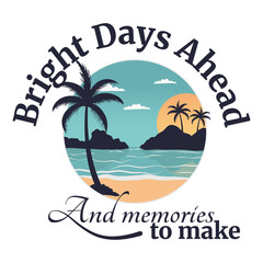 Summer T-shirt Print Design. Typography Beach Badge – Palm Trees and Mountains in a Round Print