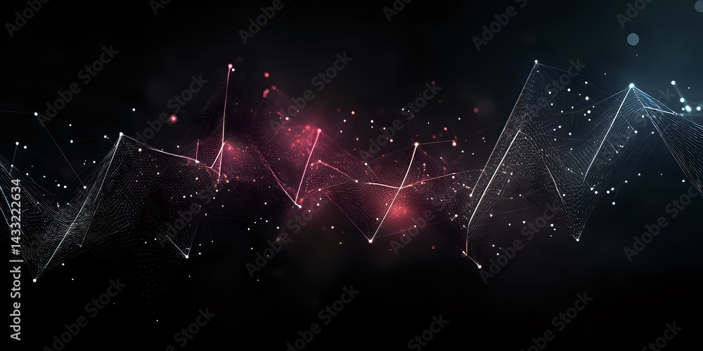 Poster abstract digital network visualization with glowing red and blue nodes connected by geometric lines 