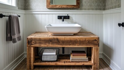 This modern bathroom interior showcases a clean design with a shower and bathtub, featuring wood furniture, a luxury mirror, and ample light