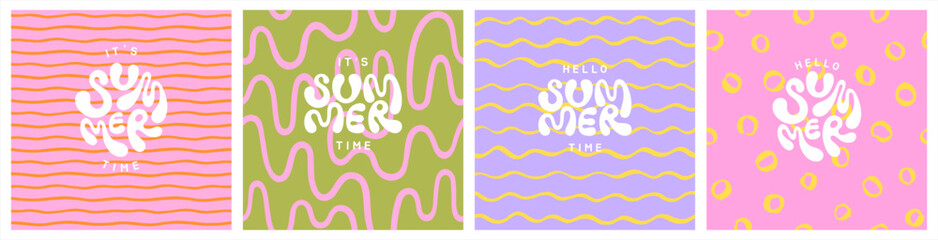 Summer seamless patterns set. Uneven hand drawn wavy stripes waves circles. Deformed fluid uneven organic bold lines. Hello summer hand lettering. Hippie doodle funky groovy backgrounds collection. 