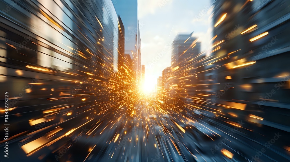 Poster dynamic motion blur effect with bright light burst and radial zoom through modern city buildings at 