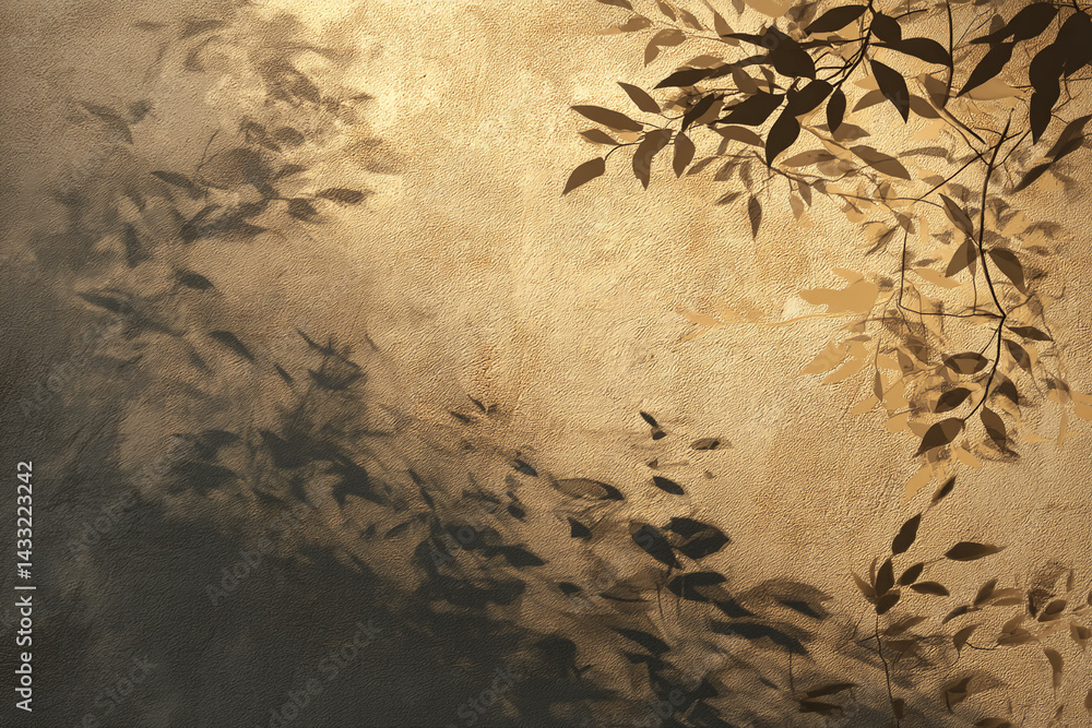 Poster Beige textured background with dark leaf shadows and silhouettes of branches, creating a calming, natural mood suitable for various design projects