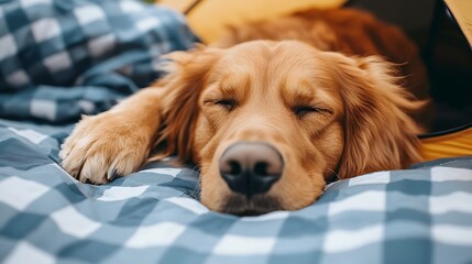 Relaxing golden retriever dog cozy home pet photography indoor close-up comfort and serenity