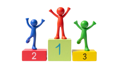 Victory Celebration with Cartoon Figures on Award Podiums isolated on solid white background 