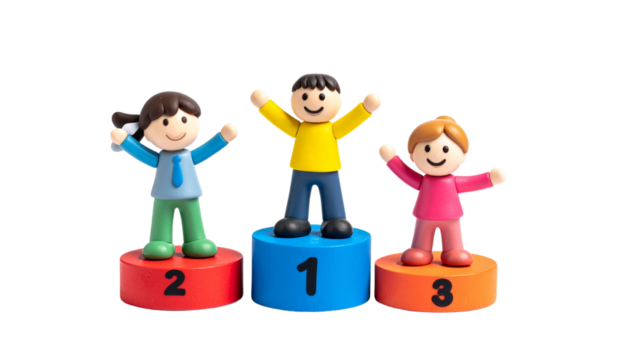 Victory Celebration with Cartoon Figures on Award Podiums isolated on solid white background Png. - Powered by Adobe