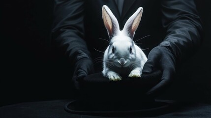 Magician presents white rabbit emerging from black top hat, creating sense wonder, intrigue, amusement.