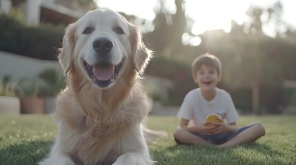Joyful dog and child playing together in backyard family bonding outdoor fun warm light