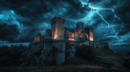 Medieval castle stands tall against stormy night, lightning illuminates dark sky, creating dramatic, powerful scene.