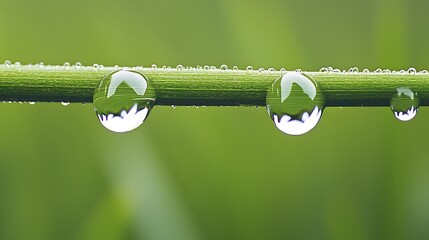 Morning dew drops on green grass blades nature close-up freshness tranquil environment macro view