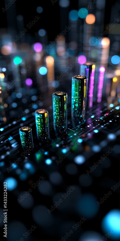 Poster glowing audio equalizer bars with colorful bokeh lights in dark background, creating futuristic atmo
