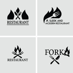 Bold Restaurant Logo Design with Silver Fork and Stylized Flame Vector Art