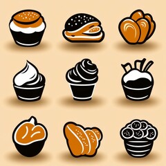 Nine Minimalist Black and Brown Dessert Icons on Beige Background
