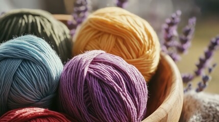 Colorful yarn balls rest peacefully inside wooden bowl with lavender evoking tranquility, simplicity, comfort.
